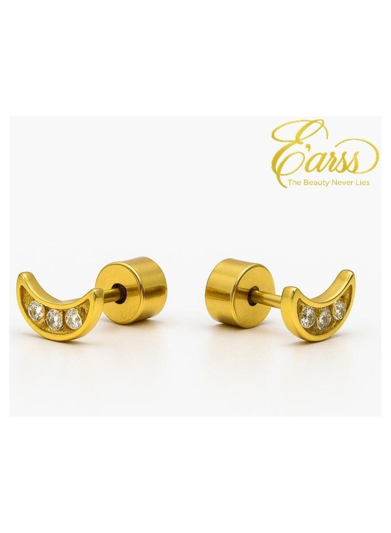 Earss Crescent Moon With Cubic Zirconia Stones Stud Earrings For Kids, Gold Plated - Image 5